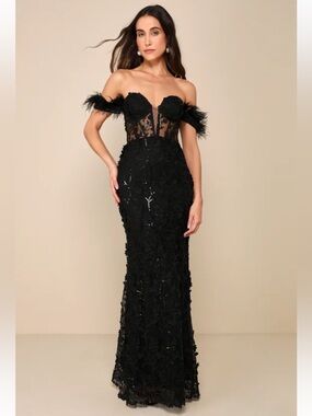 Lulus Midnight Sparkle Black Embroidered Feather Bustier Maxi Dress Size Small